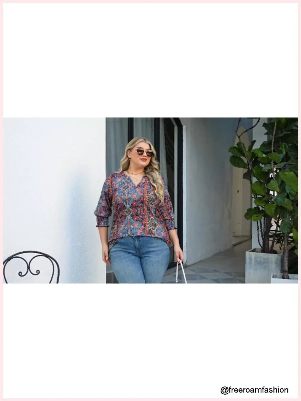Plus Size Tunic Blouse 3/4 Sleeve V Neck Smocked Cuffs